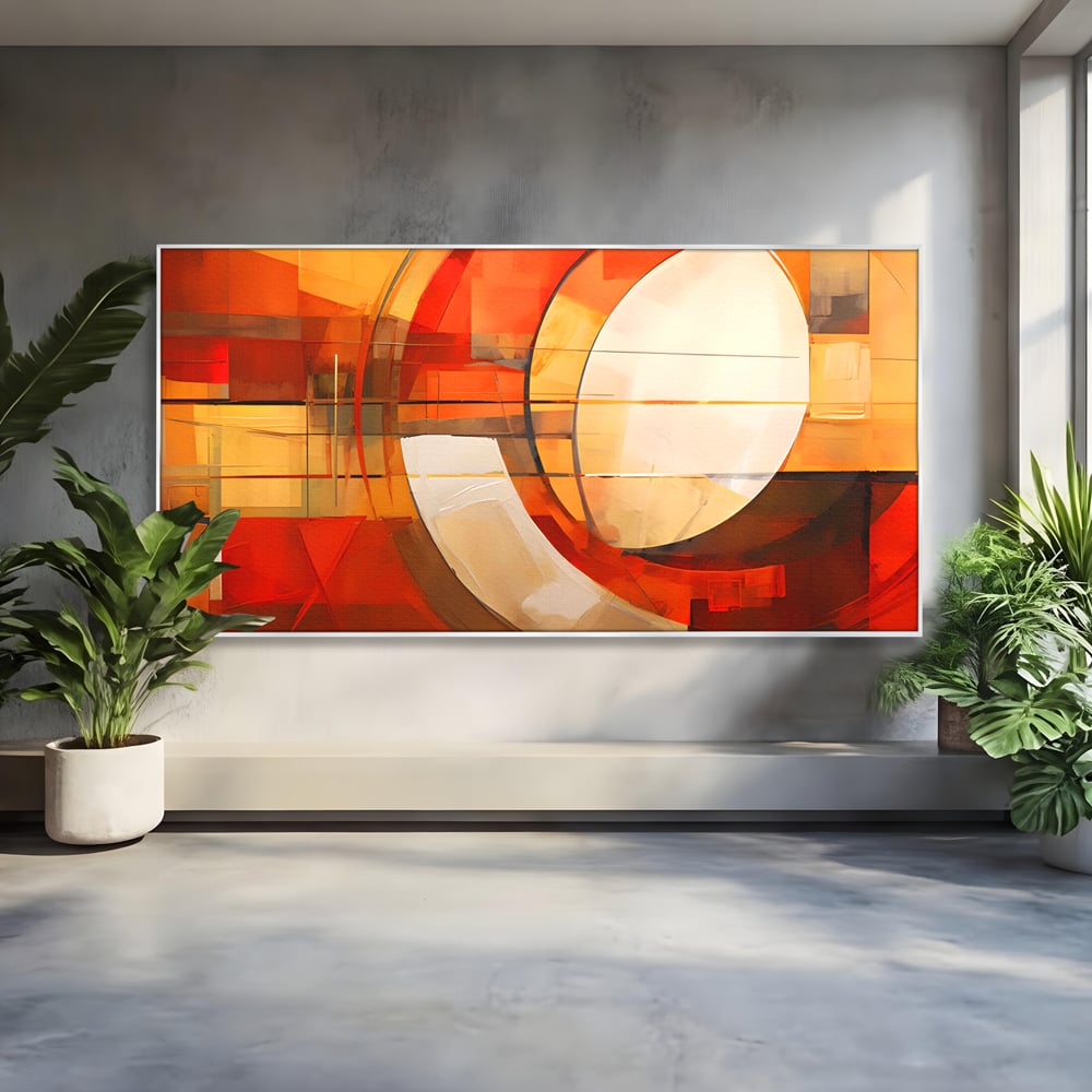 Tablou canvas cu tablou canvas cu pictura abstracta geometrica, in rama de aluminiu argintiu